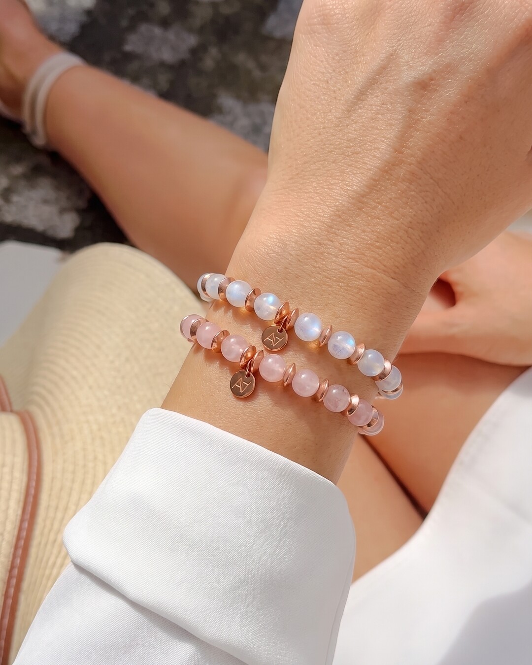 Bracelet Quartz rose et Pierre de lune Duo Tendresse Céleste